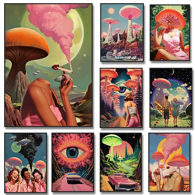 Badminton Poster - Retro Woman Smoke Surreal Mushroom Psychedelic